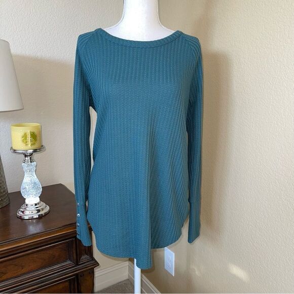 Chaser Waffle Knit Thermal Top Teal Green Size Medium Button Cuffs - Picture 3 of 5
